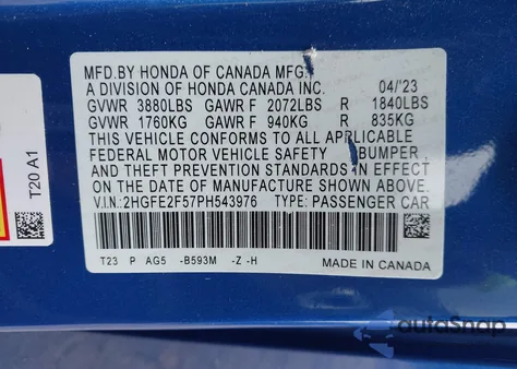 2023 Honda Civic Sport z USA, uszkodzony, nr VIN 2HGFE2F57PH543976